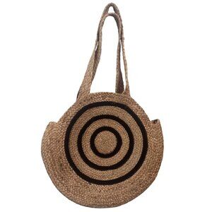 ONeill Straw Circle Tote Bag With Black Spiral Design & Long Braided Handles
